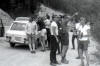 Stopping in till in the central Rockies near the continental divide  L to r: Duff, Rich, Jim, John (white T-shirt), Joe T, Earl. Dick Parizek between John & Joe, Bob Brown in plaid shirt, Bob Schmalz at far right