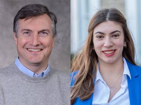 Peter Heaney, left, professor emeritus of geosciences, and Mara Grigore, a rising senior majoring in Earth science and policy,