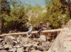 Randy Wood and Steve crossing stream on a log